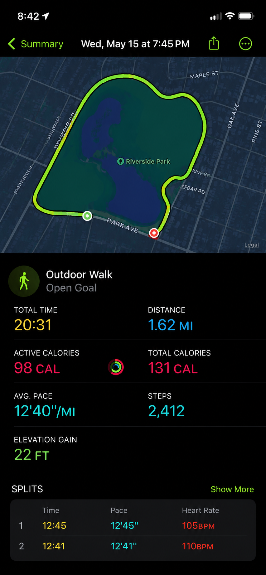 Route screenshot showing a completed 20-minute walk
